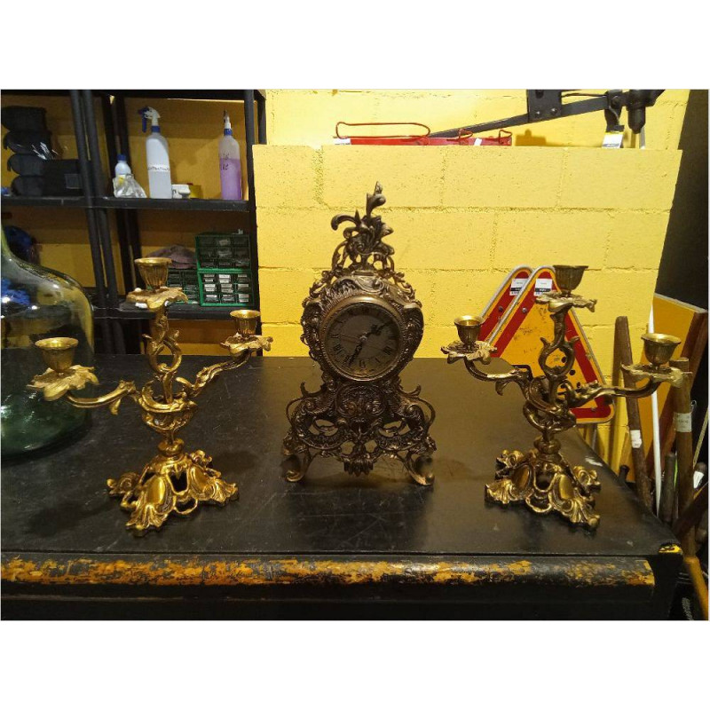 RELOJ CON CANDELABROS BRONCE