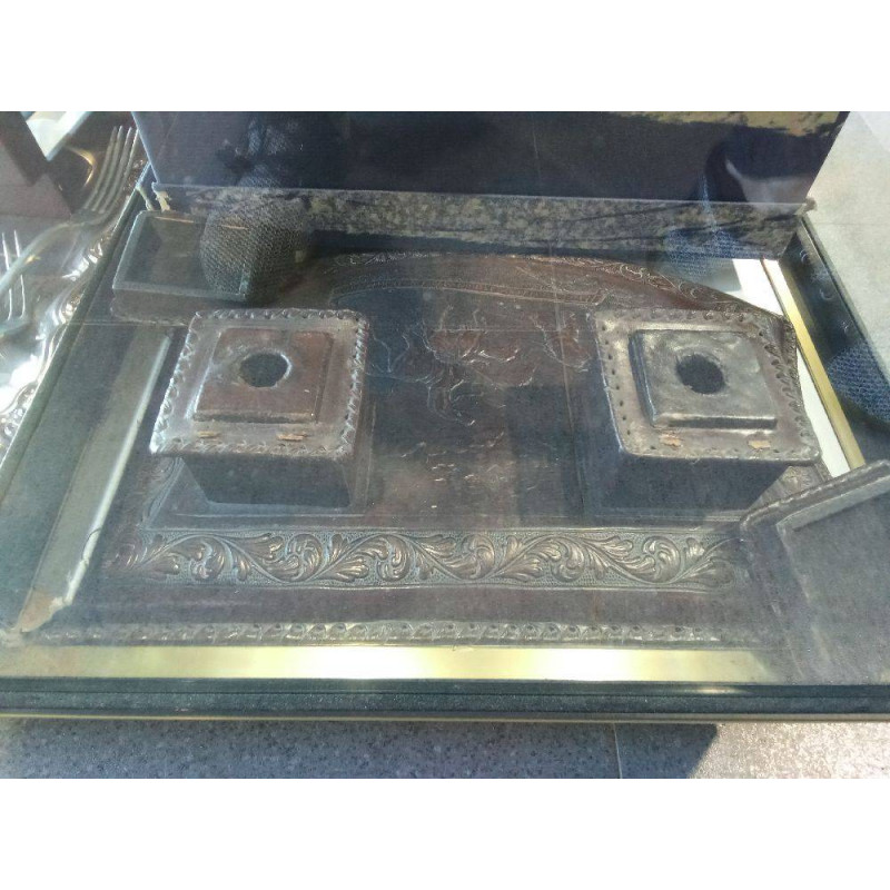 JUEGO TINTERO ESCRITORIO PIEL REPUJADA