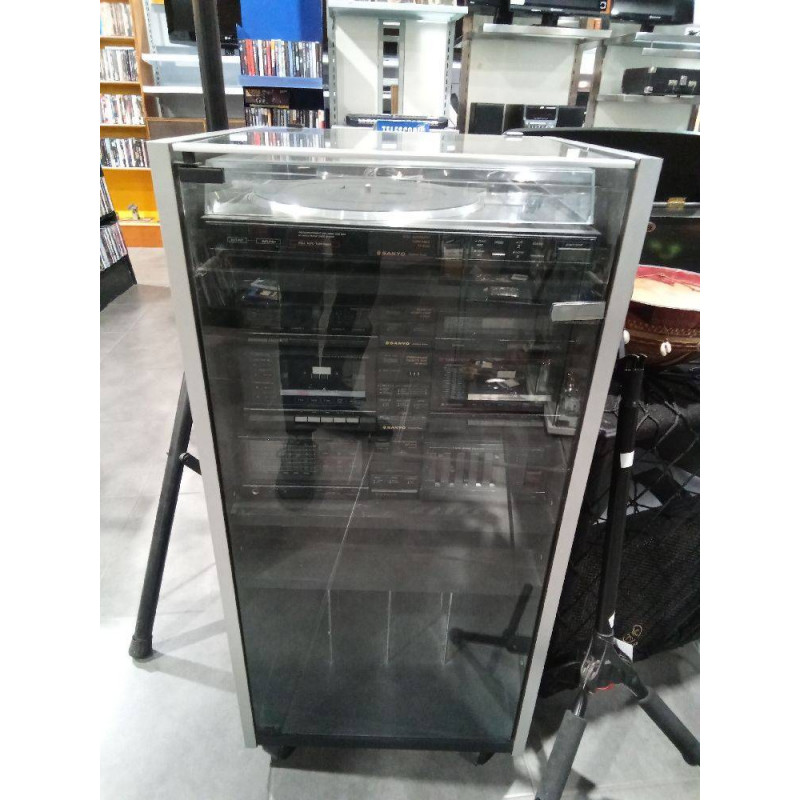 MUEBLE MULTIMEDIA GRIS VINTAGE CON EQUIPO SANYO INCOMPLETO