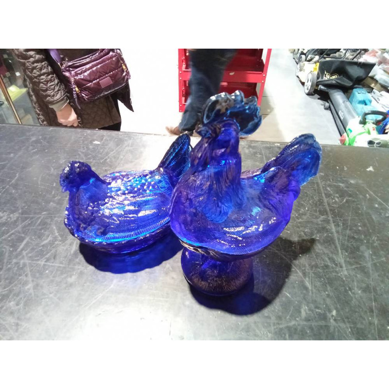 PAREJA GALLO Y GALLINA CRISTAL AZUL COBALTO