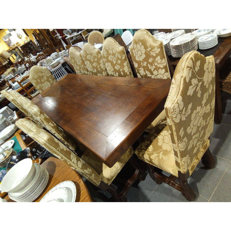 MESA COMEDOR CASTAÑO 223X84 CM + 10 SILLAS TAPIZADAS